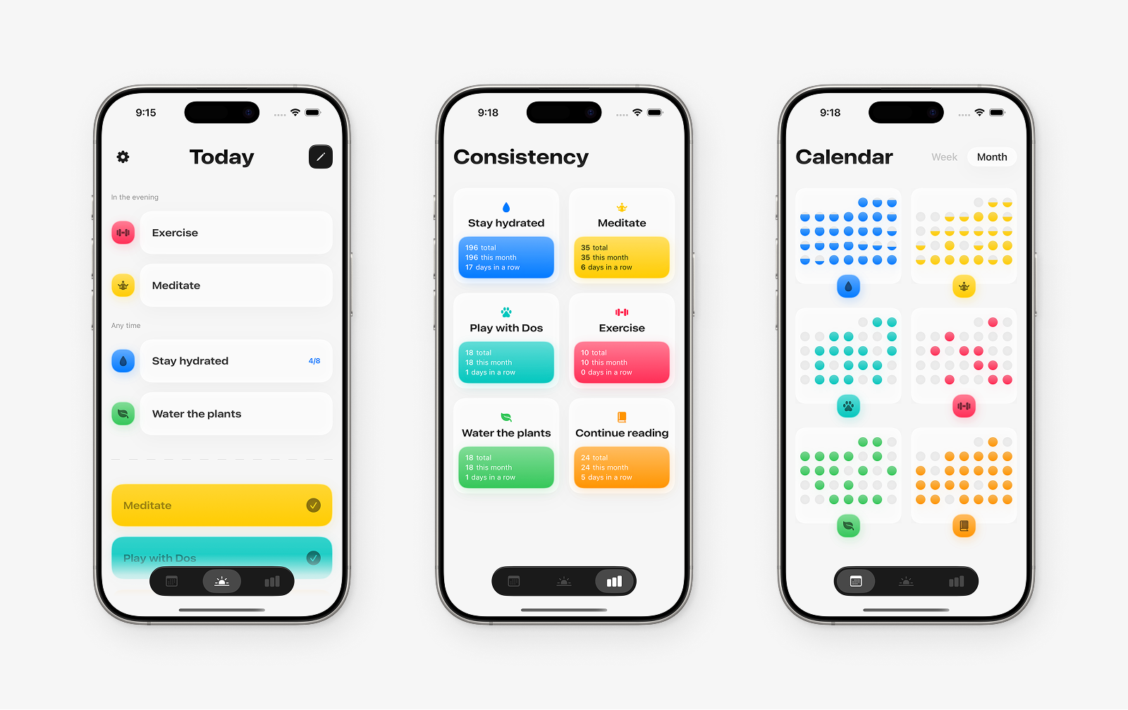 Daily overview, Consistency overview, Monthly calendar